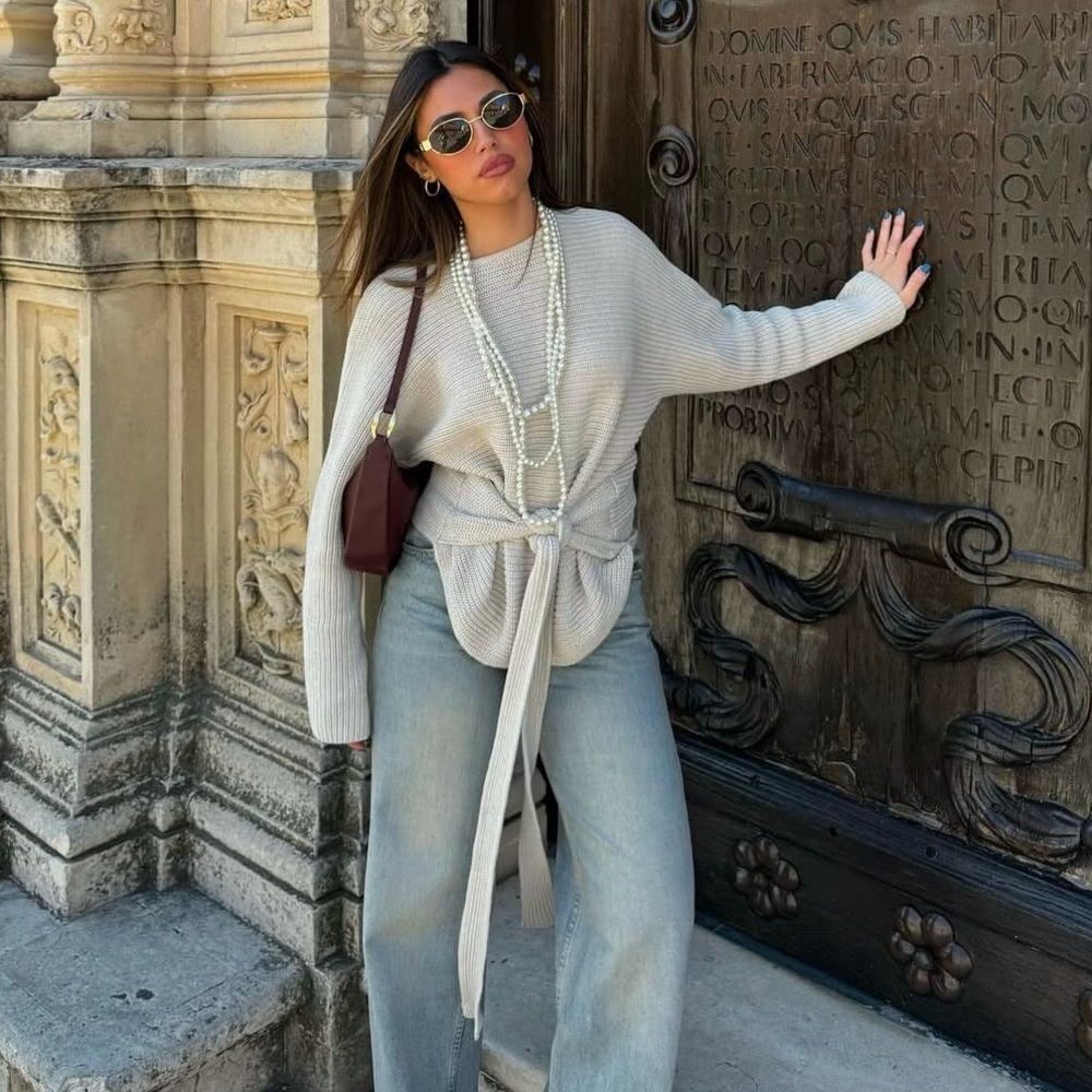 ZARA BASIC TIED KNIT SWEATER SAND